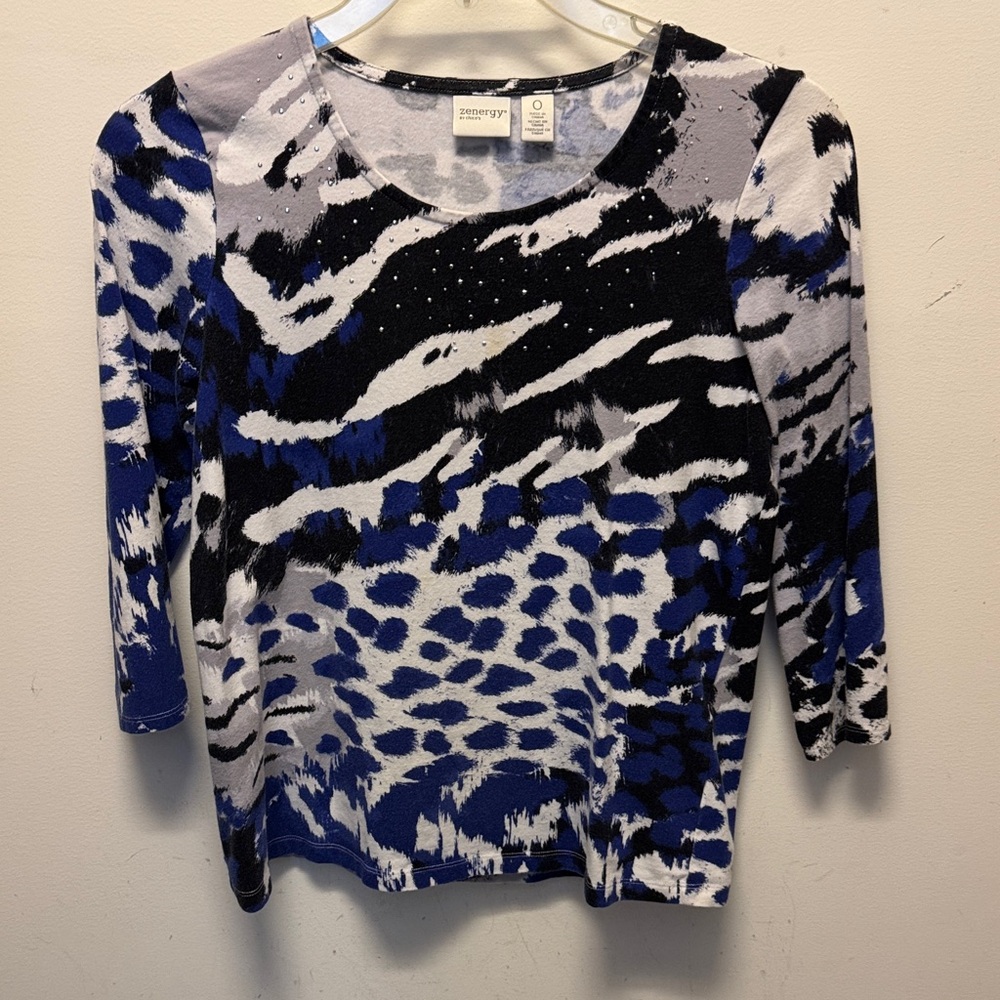 Anne Klein Blue Black White Animal-Print Long Sleeve Scoop Neck Top